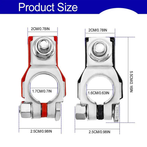 Product size diagram of Two Pack Battery Terminal Connectors With Plastic Covers For Nissan, Positive And Negative Auto Battery Cable Terminal Clamps, Replacement 243407F000 243407F001, Easy Plug And Play Install