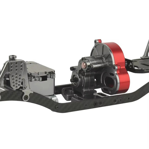 RC Car Chassis Frame For SCX10 1/10 Crawler Model With 313mm Wheelbase Metal Body Durable Alloy Frame Includes Transmission Gearbox Kit And Protective Shell For Tough Off Road Runs, close-up of alloy frame and gearbox.