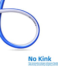 Blue garden hose, 3/4 in x 3 ft, kink-free design; coiled hose with white interior.