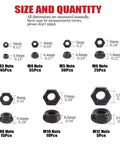 Heavy Duty Zinc Plated Nylon Lock Nuts Assortment Kit Offers Rock Solid Hex Head Stability With Secure Thread Grip Includes 165 Piece Metric Bolt Set In Seven Key Sizes M3 To M12 Sizes and quantities displayed.