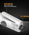 Close-up of the Air Nibbler Pneumatic Metal Cutter 3600 RPM showing push switch and 1/4" air inlet on a dark background.