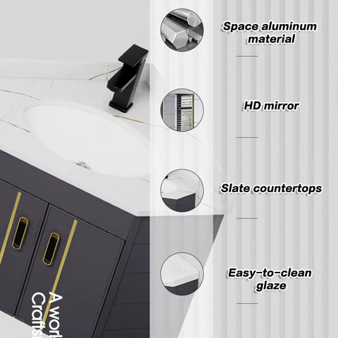 Slap This Corner Bathroom Vanity Sink Set On Your Wall With Smooth Ceramic Vessel Basin And Sleek Mirror To Grab Max Space While Keeping Things Fresh For Your Tight Spaces Without The Headache, featuring space aluminum and slate countertops.