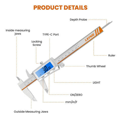6 Inch Digital Caliper With Rechargeable Battery And Large Backlit LCD For Ultra Precise Measurements In Inches Millimeters And Fractions, Type C Charge, No More Battery Replacements, The Go To Tool For 3D Printing Woodworking And DIY, with inside jaws and depth probe