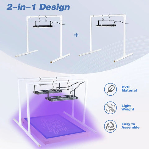 Two Pack 50W LED UV Light For Screen Printing With Dual Stands illustrating 2-in-1 setup for fast even curing of emulsions and cyanotypes.
