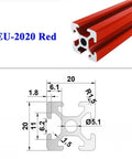 Built Tough 2020 Aluminum T Slot Extrusion Profile Durable Red Framing Bar with dimensions for CNC and printer builds.