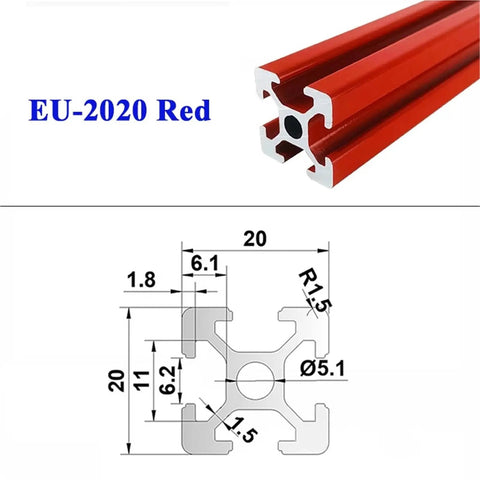 Built Tough 2020 Aluminum T Slot Extrusion Profile Durable Red Framing Bar with dimensions for CNC and printer builds.