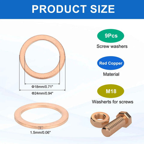 9 Piece Copper Washer Kit With M18 Copper Washers Sealing Rings And Crush Washers 18Mm ID 24Mm OD One Point Five Mm Thick diagram