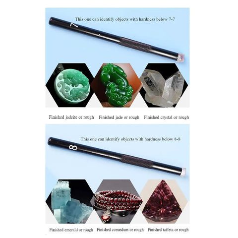 Five Pack Mohs Hardness Tester Kit With Crystal Tips For Quick Mineral Identification And Jewelry Gem Testing 5 To 9 Scratch Scale Pro Grade Industrial Tool For Jade Quartz Topaz And More. Crystal tip hardness test pen on jade, quartz and gemstone samples.