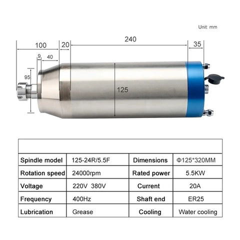 Premium Badass Water Cooled CNC Spindle Motor 5.5KW 24000RPM ER25 Ceramic Bearing 125mm body dimensions and specifications.