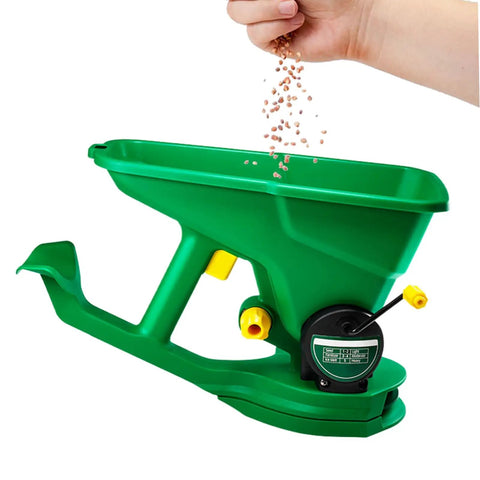 Cordless Handheld Seed And Fertilizer Spreader With Adjustable Feed Rate being filled for even coverage use in gardens