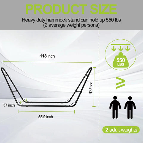Heavy Duty Steel Hammock Stand For Indoor Outdoor Use With 550 Pound Capacity, Portable And Easy To Assemble diagram showing dimensions