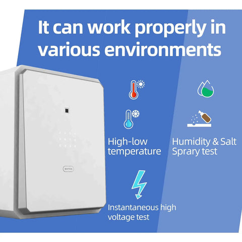 Biometric Safe Box With Key For Home Office Use, Fingerprint Lock Box next to environment test icons showing durability