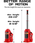 Beefy 12 Ton Double Ram Bottle Jack Portable Hydraulic Lift For Cars And Trucks, max 20.5 in lift, min 8.7 in height shown.