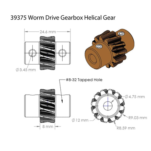 Diagram of Aluminum Worm Gear Drivebox 4 To 1 For Robotics Builds with helical gear dimensions and specifications.