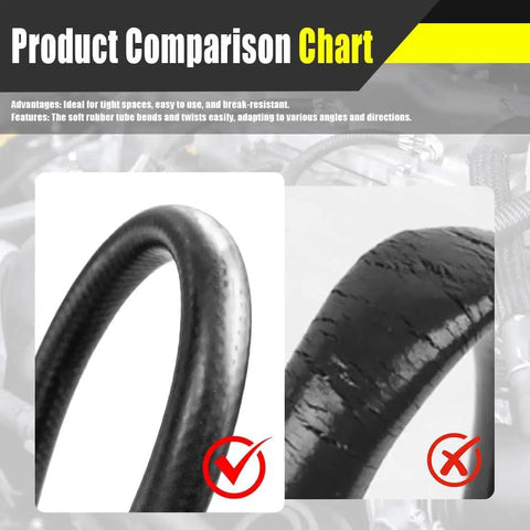 Comparison of flexible rubber Inner 5/8 Inch Heater Hose, 6 Feet Long, Black With Safety Stripe versus cracked alternative