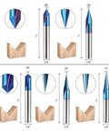 Five Piece CNC Router Bit Set 1 Quarter Inch Shank With 15 Degree Detail Liner, 20 Degree Profile Bit, And 30 Degree, 60 Degree, 90 Degree V Groove Bits, Two Inch Length End Mills For Woodworking, DIY Buddies And Pros.