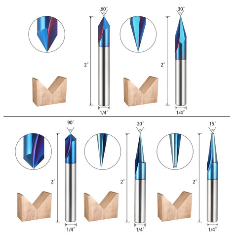 Five Piece CNC Router Bit Set 1 Quarter Inch Shank With 15 Degree Detail Liner, 20 Degree Profile Bit, And 30 Degree, 60 Degree, 90 Degree V Groove Bits, Two Inch Length End Mills For Woodworking, DIY Buddies And Pros.