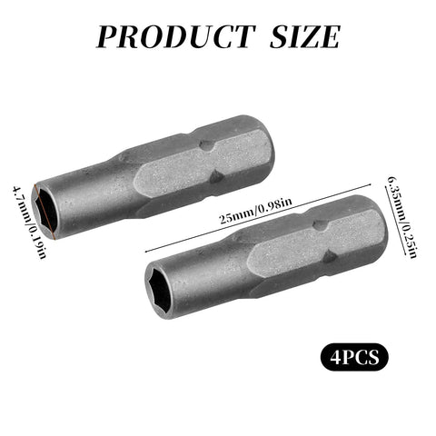 Knockout 4 Pack 1/4 Inch To 4mm Hex Screwdriver Bit Adapter With Solid Magnet And Plug And Play Design, sizes 25mm and 6.35mm shown
