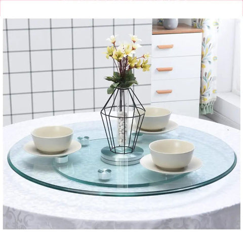 Round Tempered Glass Lazy Susan Turntable With Large Aluminum Base Scratch Resistant 10mm Glass as dining centerpiece with dishes