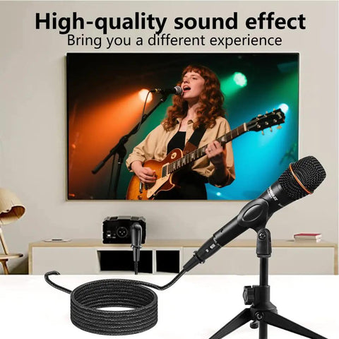 XLR 3 Pin Splitter Cable 1 To 2 Mic Adapter connected to microphone, with coiled cable, in front of musician on stage