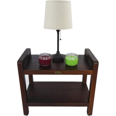 Teak Shower Bench With Shelf And LiftAide Arms For Safe Shower Mobility Adjustable Foot Pads Durable Solid Teak Bath Bathroom Bench With Drainage Slats Brown with two candles and a lamp on top
