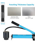 Hydraulic Knockout Punch Set 10 Ton For Electrical Conduit Holes With Six Dies 1/2In 3/4In 1In 1-1/4In 1-1/2In 2In Heavy Duty Metal Punch With Slug Splitting Dies, showing punching thickness capacity for steel and stainless steel.