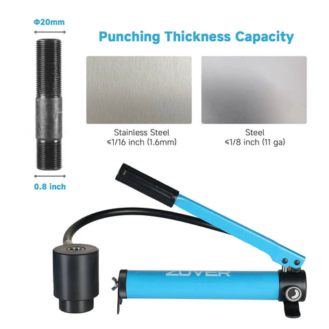Hydraulic Knockout Punch Set 10 Ton For Electrical Conduit Holes With Six Dies 1/2In 3/4In 1In 1-1/4In 1-1/2In 2In Heavy Duty Metal Punch With Slug Splitting Dies, showing punching thickness capacity for steel and stainless steel.
