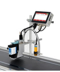 KGKGK 130PRO Industrial Online Inkjet Printer 12 Point Seven Mm With Plastic Shell For QR Code Barcode Batch Number logo and date label printing machine on a conveyor.
