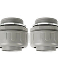 Game Changer 2 Inch Liquid Tight Conduit Connector Grey Set With Steel Locknut And Domed Nut showing two gray nylon connectors.