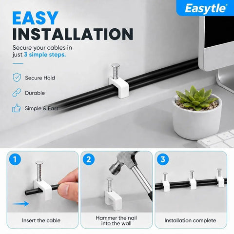 Durable Nail In Cable Clips Set of 100 for 8mm Cords and RJ45 Cat5 to Cat7 Ethernet Cables Flat Wall Mount Clips for Coax Speaker Wire and Cords Easy Install With Hardened Nails and Stable Plastic, white nail-in clip on wall holding black cable