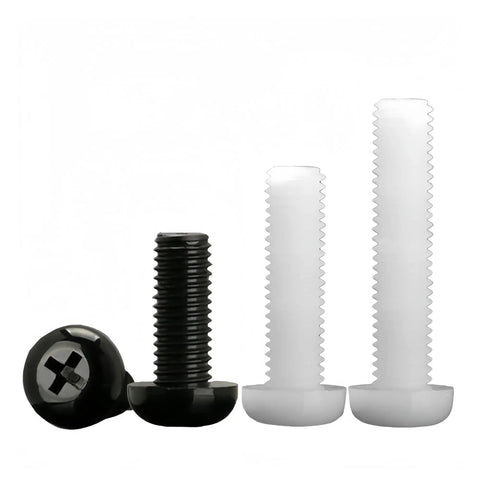 Nylon Cross Recessed Screws, Hella Solid Plastic Fasteners For Tech Repairs, black and white options, various sizes.