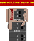 Diagram of the generator interlock kit for home panels compatible with Siemens and Murray, showing main and gen breaker positions.