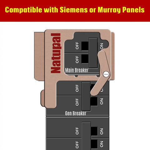 Diagram of the generator interlock kit for home panels compatible with Siemens and Murray, showing main and gen breaker positions.