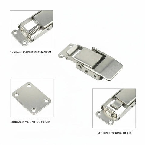Stainless Steel Spring Toggle Latch 2.8 x 0.7 Inch for toolboxes and marine cases with mounting plate and spring-loaded mechanism.