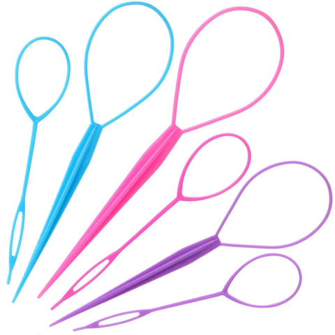 Topsy Tail Hair Tool Set 6 Piece Loop Styling Tools For Ponytails Pull Through Hair Ties Two Sizes And Three Colors Pink Purple Blue, plastic
