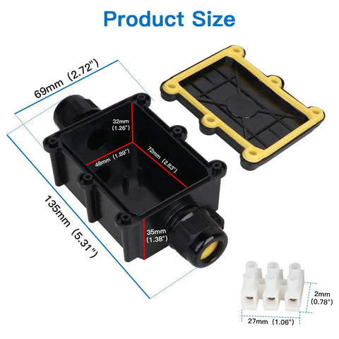 Two Pack Waterproof IP68 Outdoor Junction Box 2 Way Enclosure For Underground Lines Coaxial Cable Connector with dimensions shown