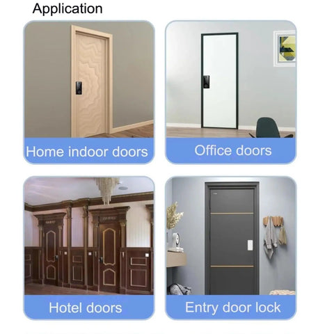 Keyless Entry Smart Deadbolt With Phone App Control And Biometric Fingerprint Entry on various door types: home, office, hotel, entry.