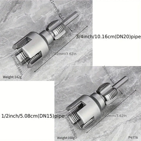 2pc Dual Function Pipe Threader Tool Set For Pvc Pipe 1/2 Inch 3/4 Inch And 1 Inch Die Compatible With Electric Drill For Home Plumbing Repairs Silver Finish showing sizes and weight of each die.