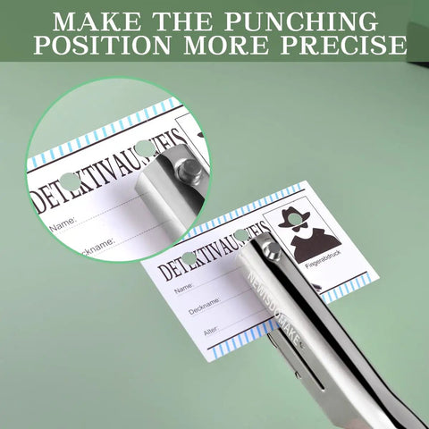 Heavy Duty 1/4 Inch Hole Punch With 2 Inch Deep Throat punching ID card, showing precise hole making for office, school, or craft projects.