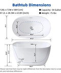 Durable 47 Inch Acrylic Freestanding Bathtub In Gloss White Featuring A Sleek Oval Shape with dimensions diagram.