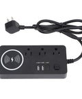 7 In 1 Power Strip Surge Protector With 30W Rapid Charging, featuring 3 AC outlets and 3 USB ports in sleek black design.