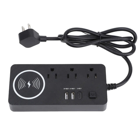 7 In 1 Power Strip Surge Protector With 30W Rapid Charging, featuring 3 AC outlets and 3 USB ports in sleek black design.