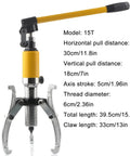 Heavy Duty Hydraulic Gear Puller Kit Killer Bearing Remover Tool With Forged Steel Arms, 15T model with yellow handle and metal claws.