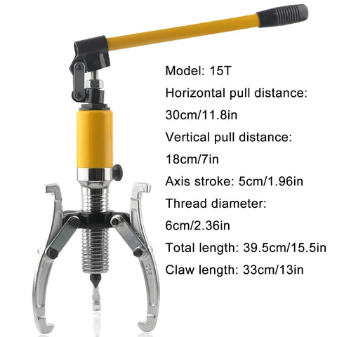 Heavy Duty Hydraulic Gear Puller Kit Killer Bearing Remover Tool With Forged Steel Arms, 15T model with yellow handle and metal claws.