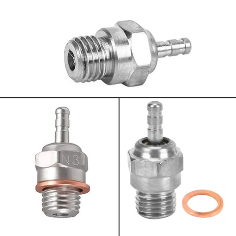 5 Pack RC Glow Plugs 70117 3 N3 Medium Hot Spark Nitro Engine Parts Replacement For OS 8 And Compatible With Kyosho Redcat HPI HSP 1 8 1 10 RC Cars Trucks Buggy Drop In Easy Install shown in various angles with accessory included