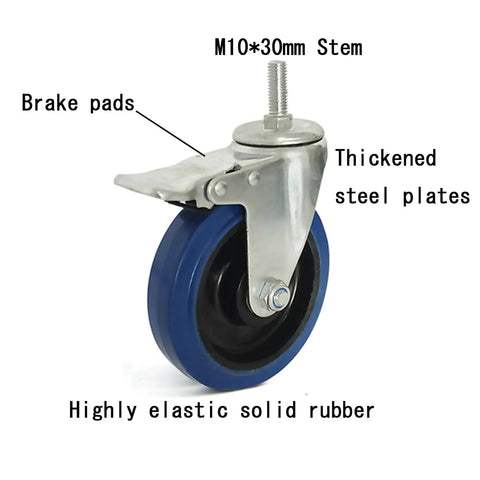 Heavy Duty Swivel Caster Wheels With Brake Thermoplastic Rubber Rollers And M10X30mm Threaded Stem showing brake pads and steel plates.