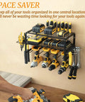 Power Tool Organizer Heavy Duty Alloy Steel Garage Rack for Cordless Drill Holder on Pegboard Wall Mount with tools displayed