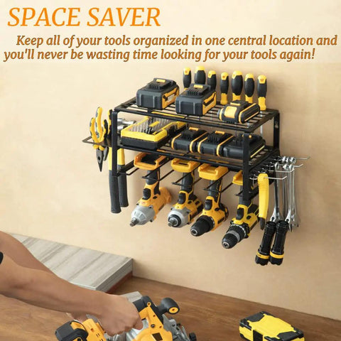 Power Tool Organizer Heavy Duty Alloy Steel Garage Rack for Cordless Drill Holder on Pegboard Wall Mount with tools displayed