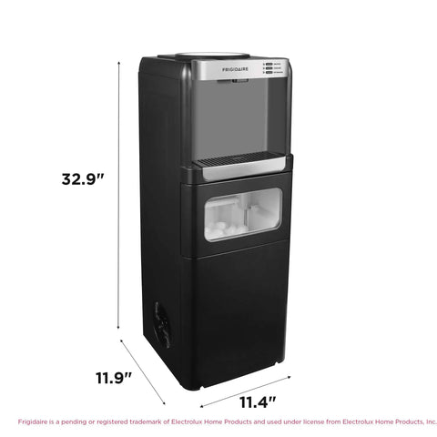 No Fuss Three In One Hot And Cold Water Cooler Dispenser Featuring Built In Bullet Ice Maker and Simple Top Load Five Gallon Bottle Compact Black Finish.