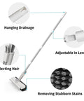 Diagram of 3-In-1 Floor Scrub Brush With Long Handle showing features: hanging drainage, adjustable length, hair collector, stiff bristles